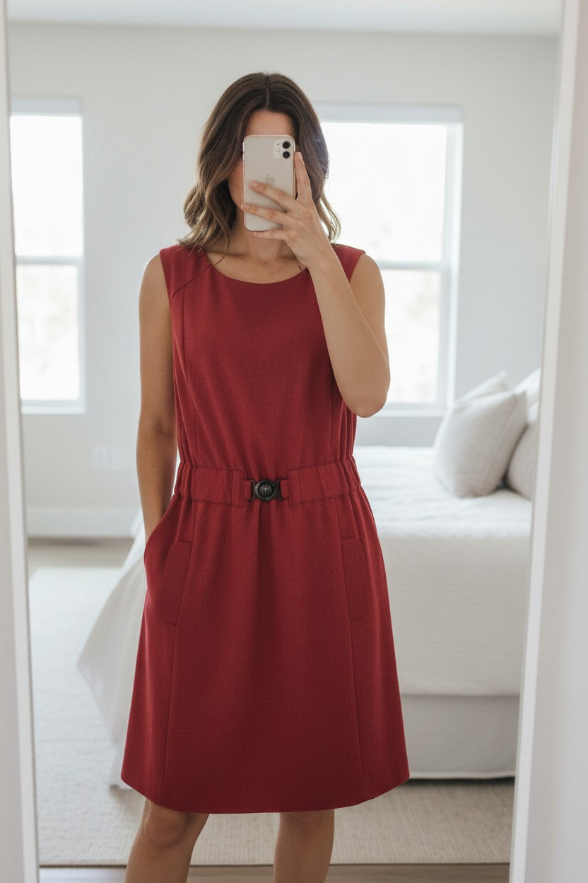 Robe rouge Kenneth Cole en viscose et polyamide, taille XL, avec ceinture et poches. Parfaite pour le travail ou une soirée.