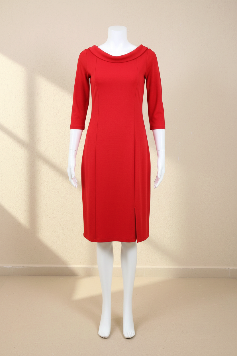 Robe rouge Frippindealz en polyester et viscose avec encolure drapée et manches 3/4 sur mannequin