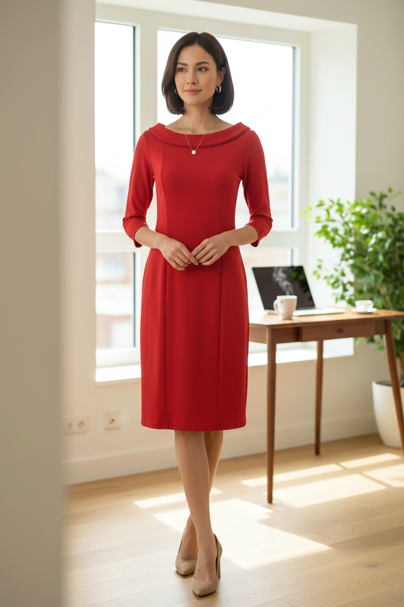 Robe rouge Frippindealz en polyester et viscose avec manches 3/4 et encolure bateau portée par une femme