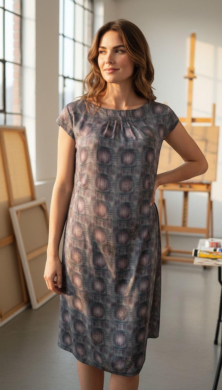 Frippindealz Robe mi-longue en soie bleu et gris avec un motif abstrait, col rond, manches courtes, plissée au col.