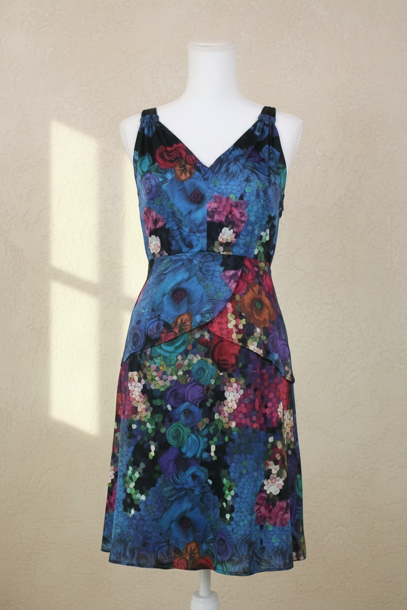 Robe sans manches en soie Frippindealz avec motif floral multicolore sur fond bleu, coupe fluide et élégante.
