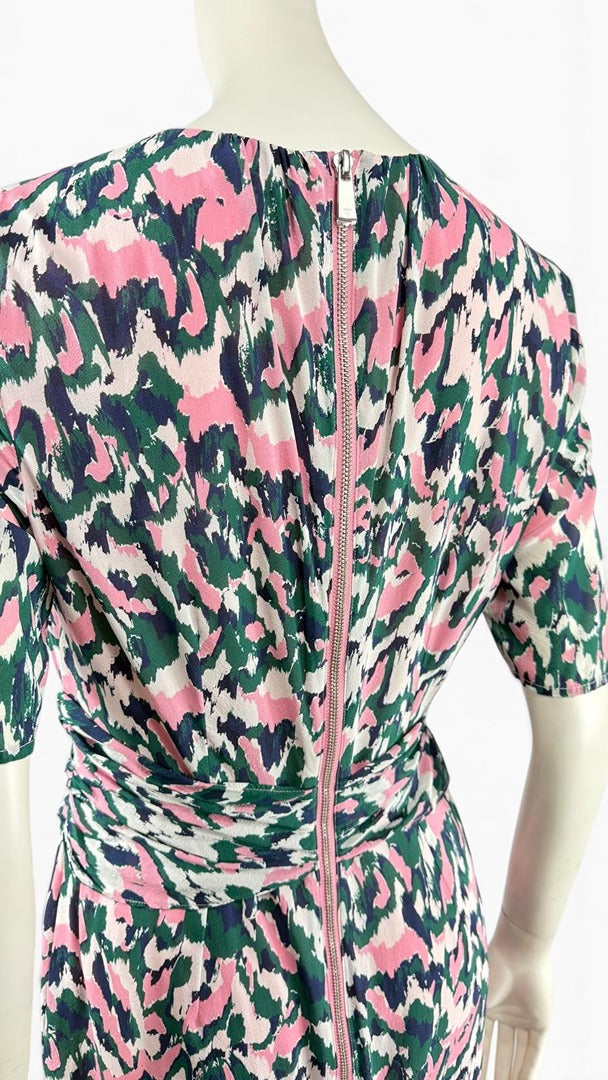 Vue arrière de la robe en soie Frippindealz Whistles à imprimé abstrait multicolore avec fermeture éclair au dos