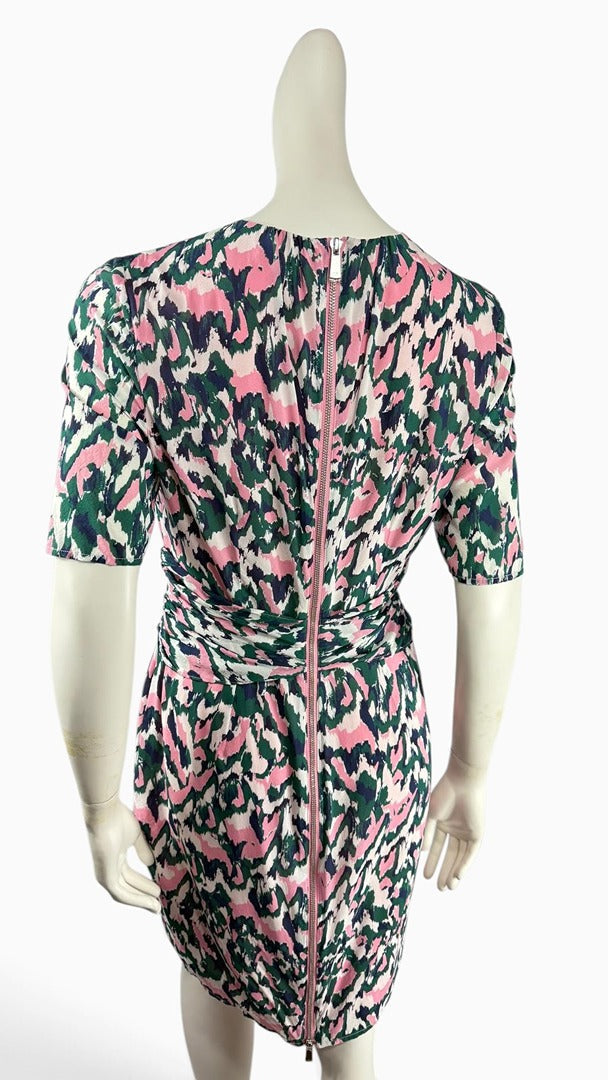 Vue arrière de la robe en soie Frippindealz Whistles à imprimé abstrait multicolore avec fermeture zippée au dos