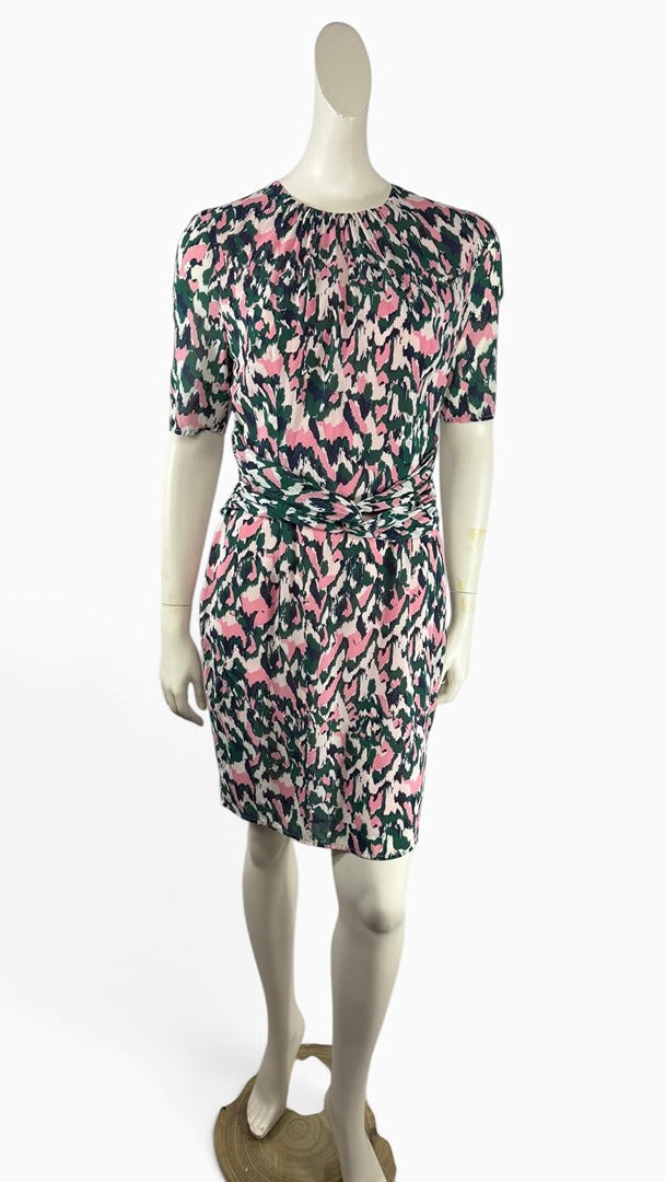 Robe courte en soie Frippindealz par Whistles à imprimé abstrait multicolore avec taille drapée et col rond plissé
