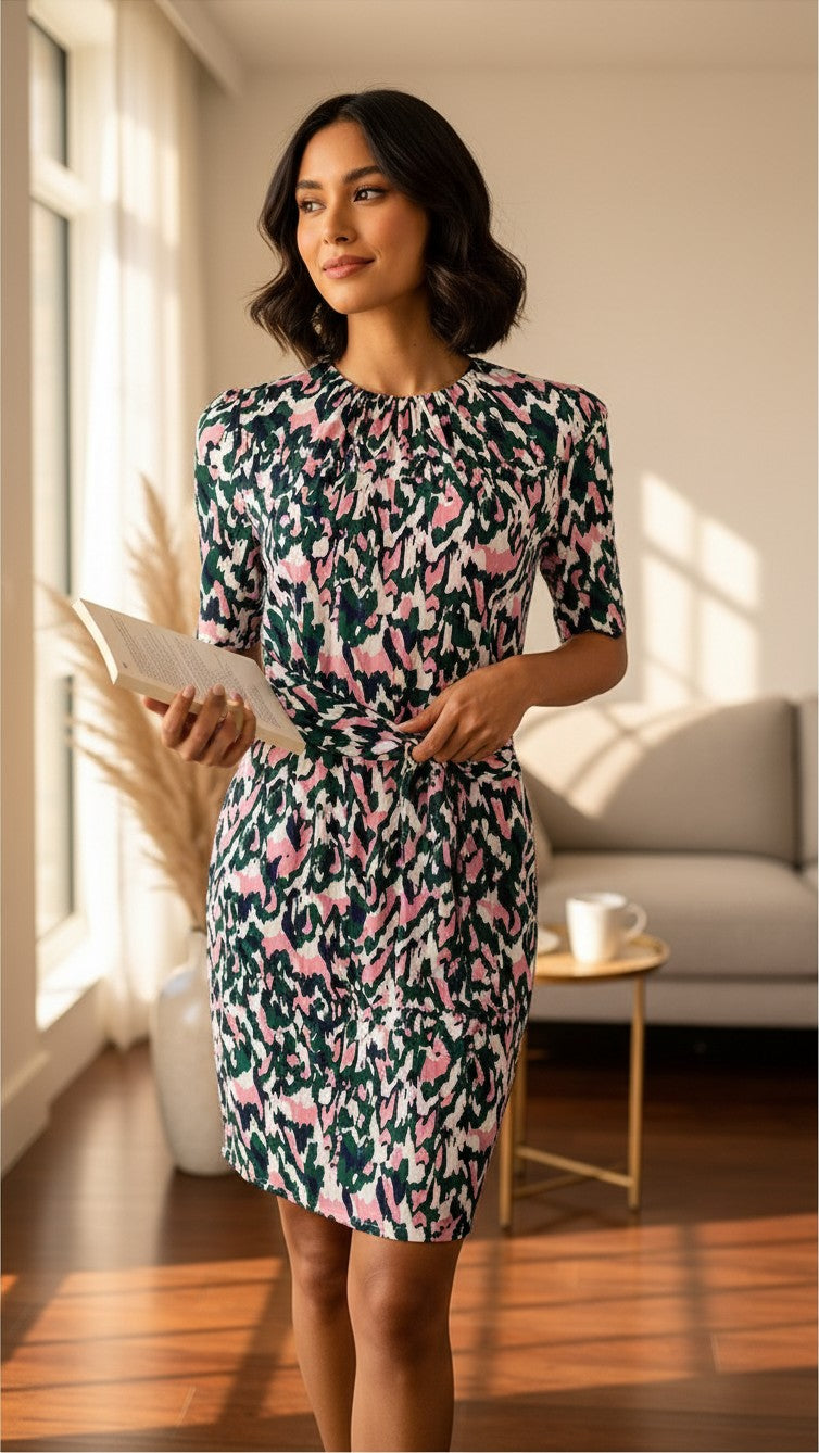 Robe casual Frippindealz Whistles en soie verte avec imprimé abstrait multicolore, col plissé et taille drapée
