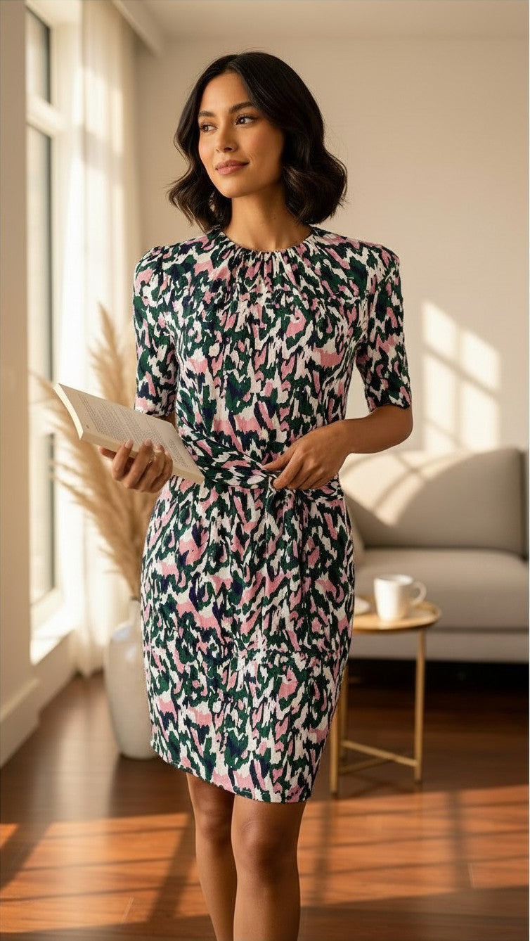 Robe en soie Frippindealz par Whistles, coupe mi-longue à imprimé abstrait multicolore et taille drapée croisée.