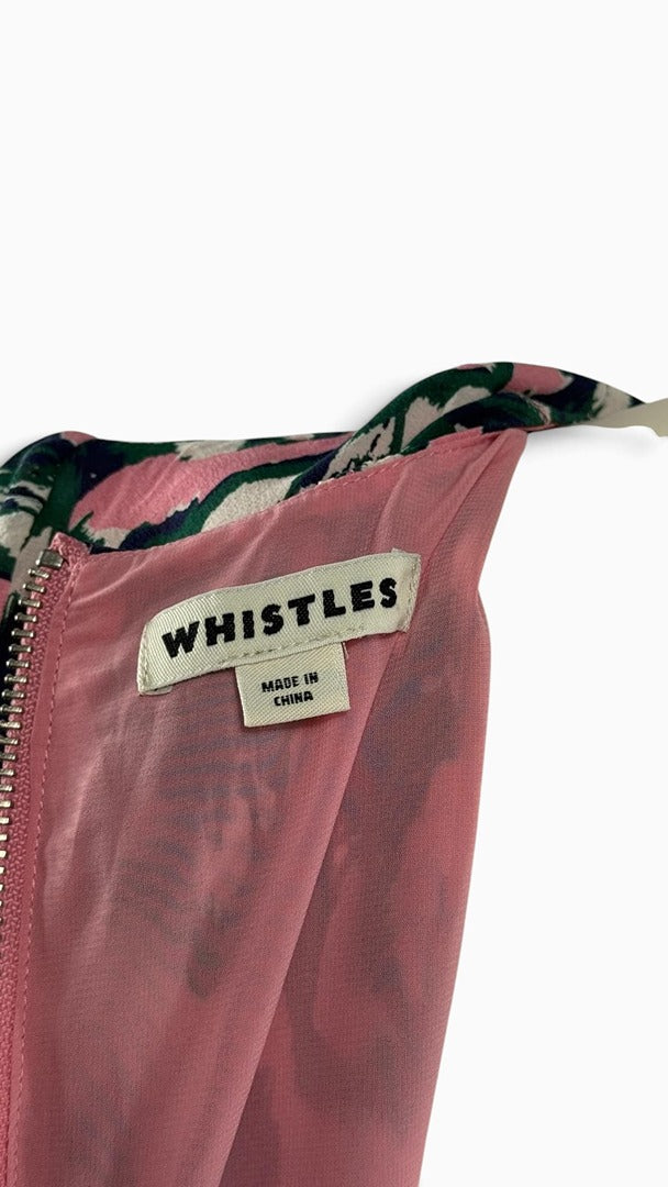 Étiquette de marque Whistles à l'intérieur d'une robe en soie multicolore à imprimé abstrait de Frippindealz