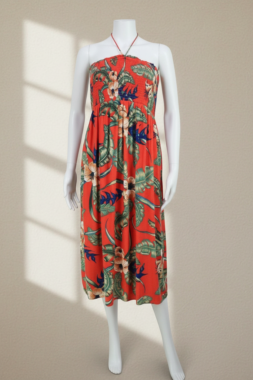 Robe longue Frippindealz Superdry en viscose orange à motif tropical et bustier smocké sur mannequin