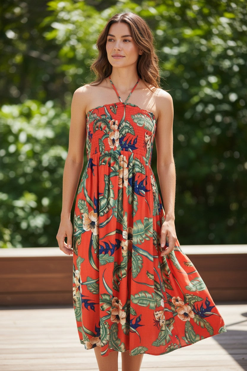 Robe d'été Superdry orange à imprimé tropical exotique en viscose, style bustier avec bretelles fines.