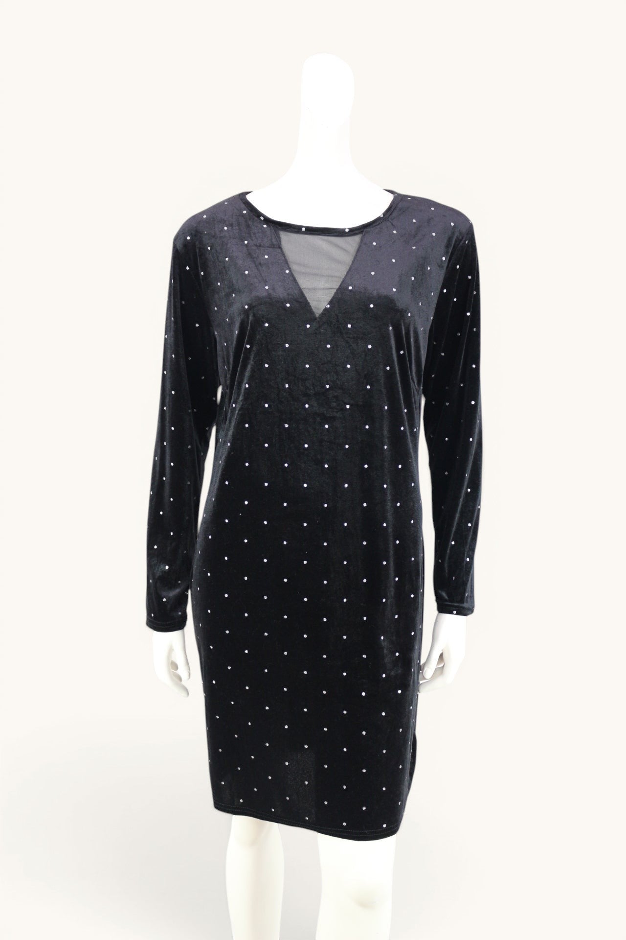 Robe Frippindealz en velours noir avec col V en tulle et strass brillants, manches longues, taille L.