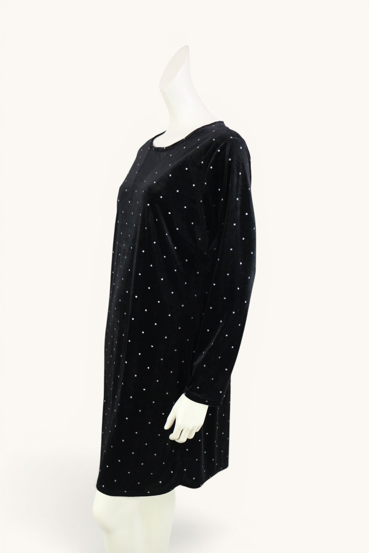 Robe Frippindealz en velours noir ornée de strass brillants, col V, manches longues, taille L.
