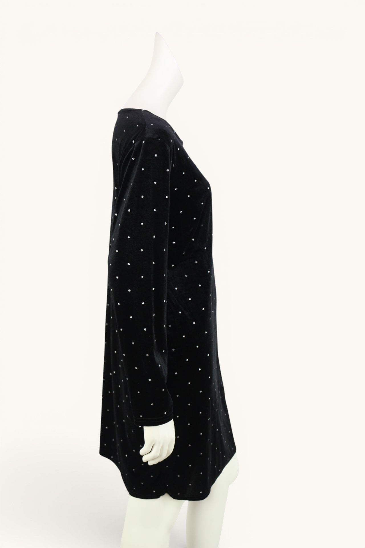 Robe Frippindealz en velours noir ornée de strass brillants, col V, manches longues, taille L.