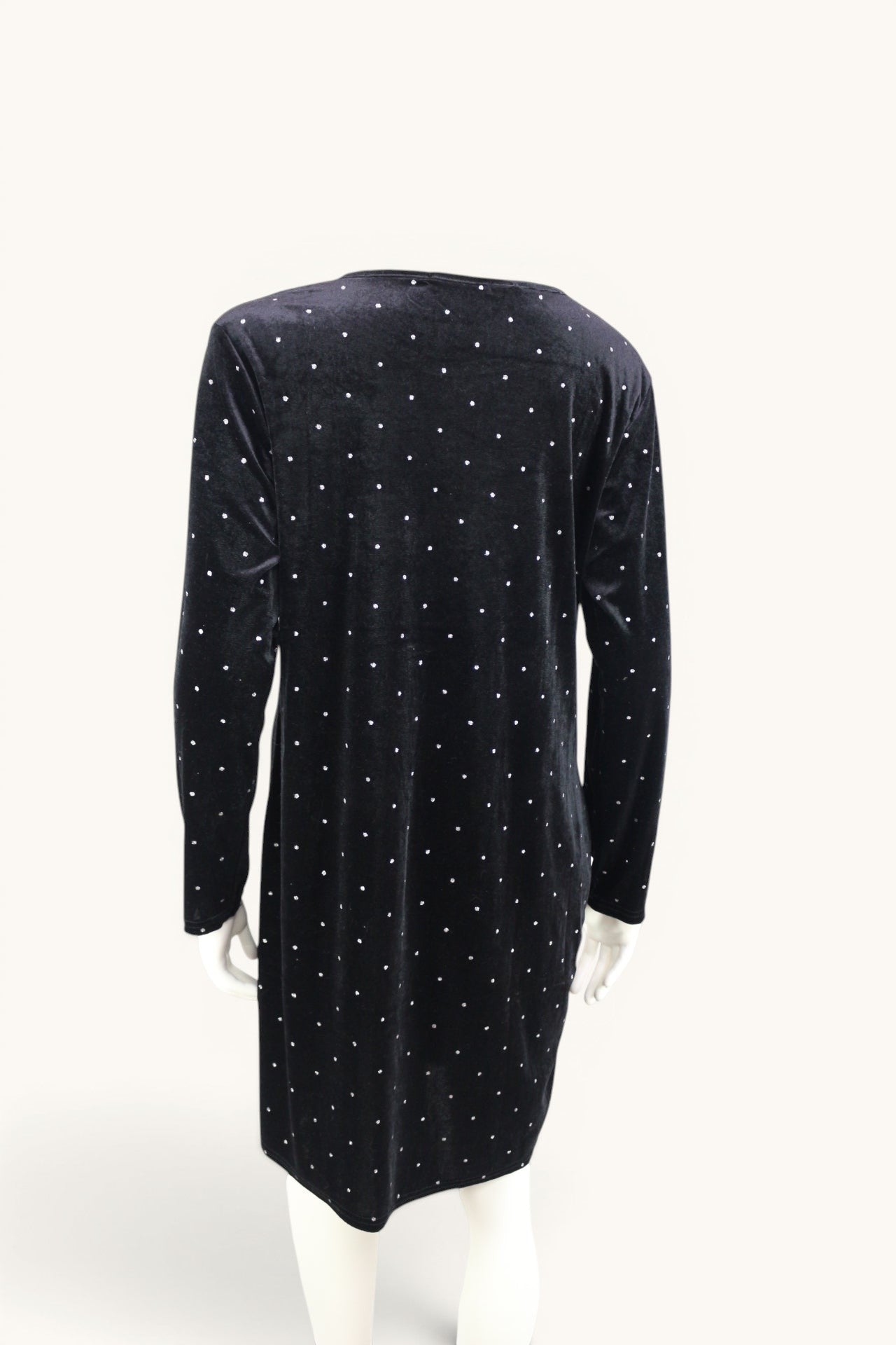 Robe Frippindealz en velours noir, col V, manches longues, ornée de strass brillants. Taille L.