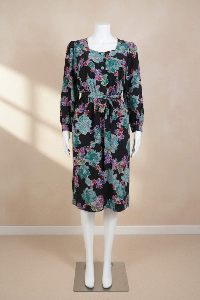 Robe vintage Frippindealz Nelly Rodi pour Géwé en polyester noir avec imprimé floral, manches longues et ceinture