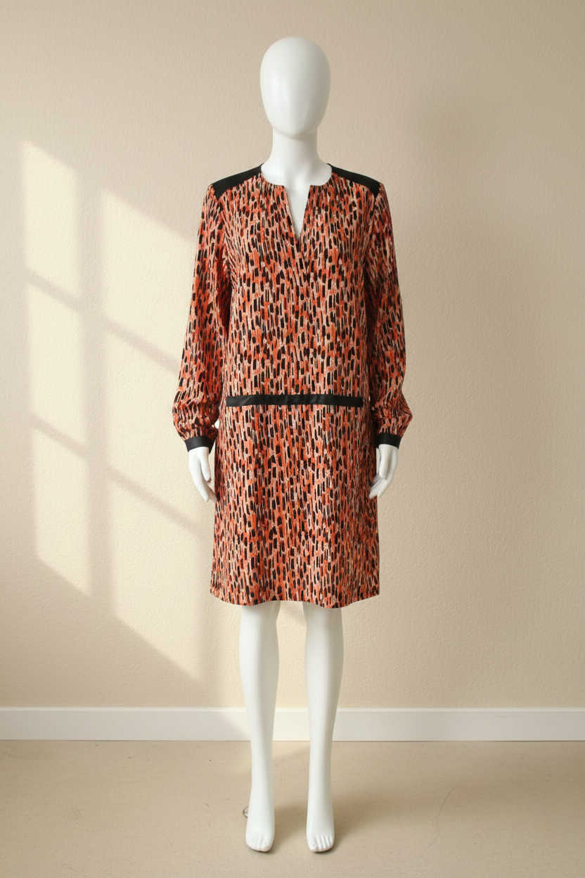 Robe Frippindealz Miss Captain Tortue en viscose fluide à imprimé graphique orange et noir sur mannequin