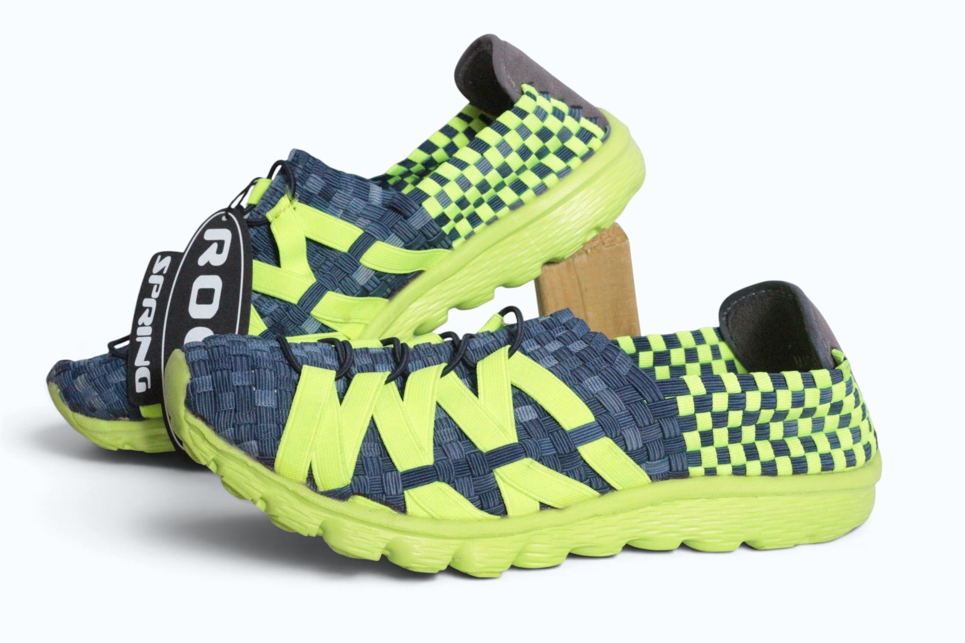 Baskets femme Frippindealz Rock Spring en textile tressé bleu et jaune fluo avec semelle souple et légère