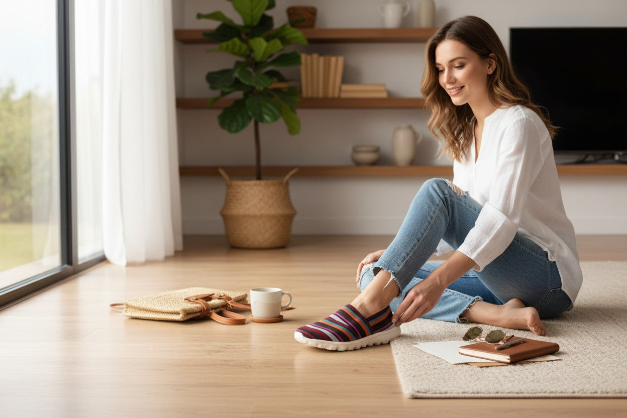 Femme assise au sol enfilant des baskets Frippindealz Rock Spring en textile tressé multicolore rayé et semelle souple