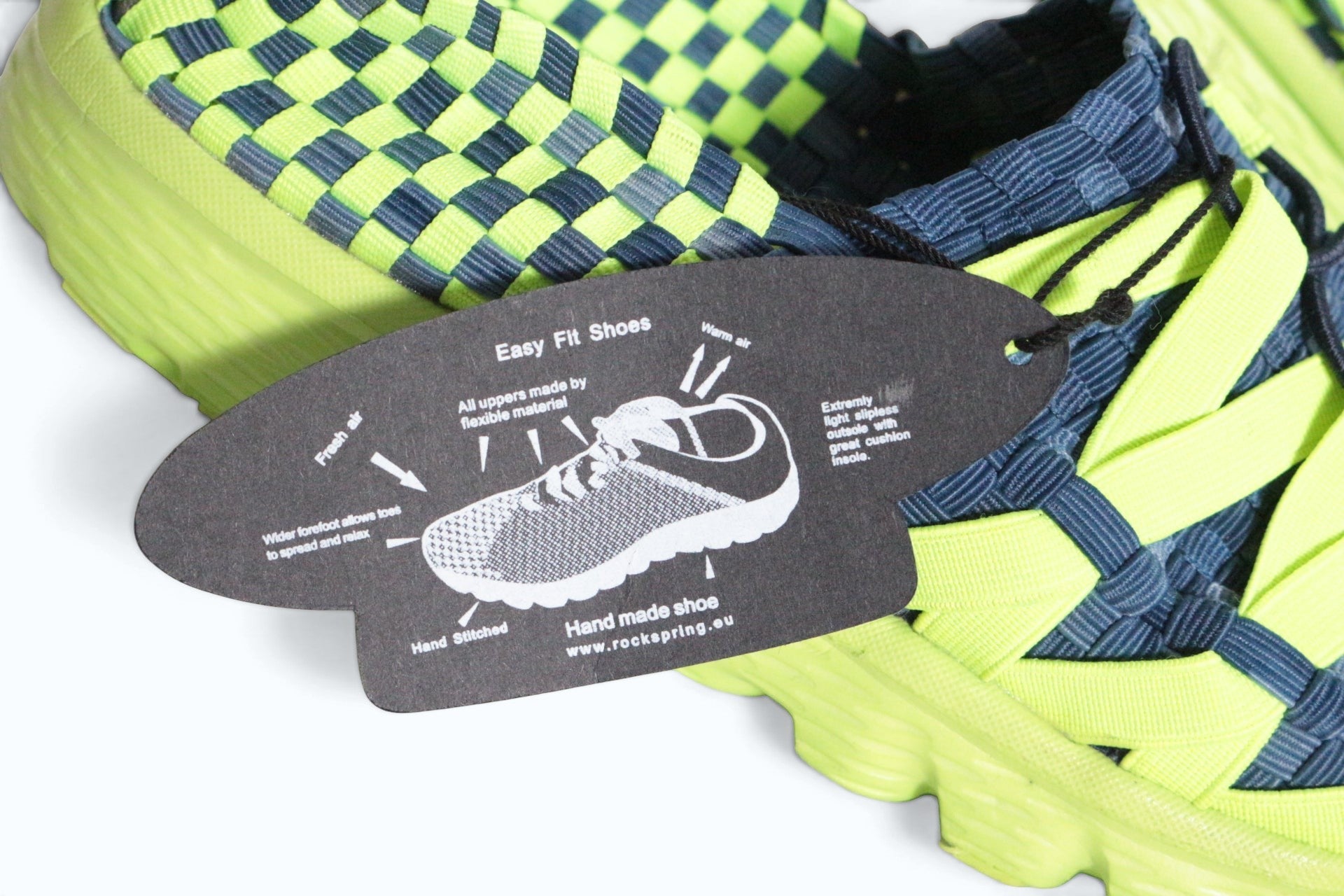 Baskets Frippindealz Rock Spring femme en textile tressé bleu et vert fluo avec étiquette descriptive
