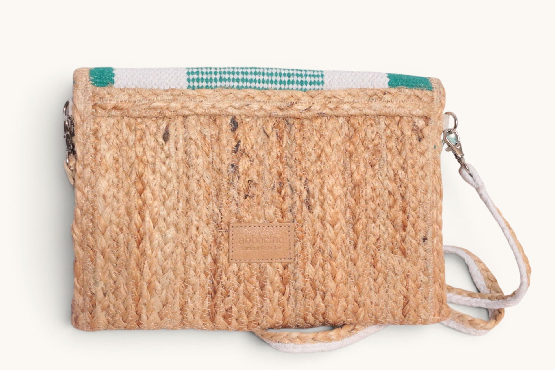 Frippindealz Sac bandoulière Abbacino en jute naturel, blanc et vert, neuf avec défaut, sans bandoulière.