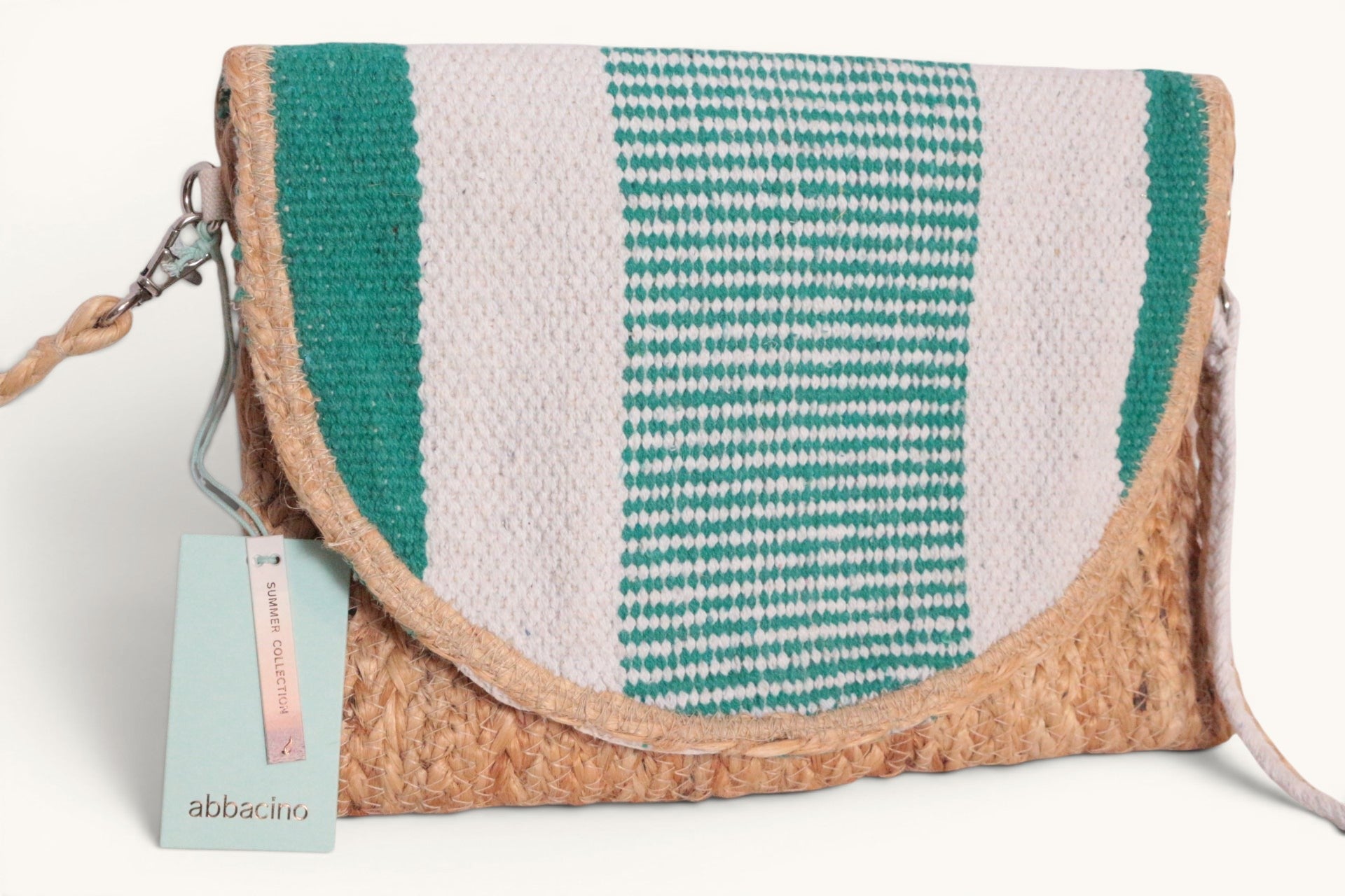 Frippindealz Sac bandoulière Abbacino en jute naturel, blanc et vert rayé, neuf avec défaut, sans bandoulière.