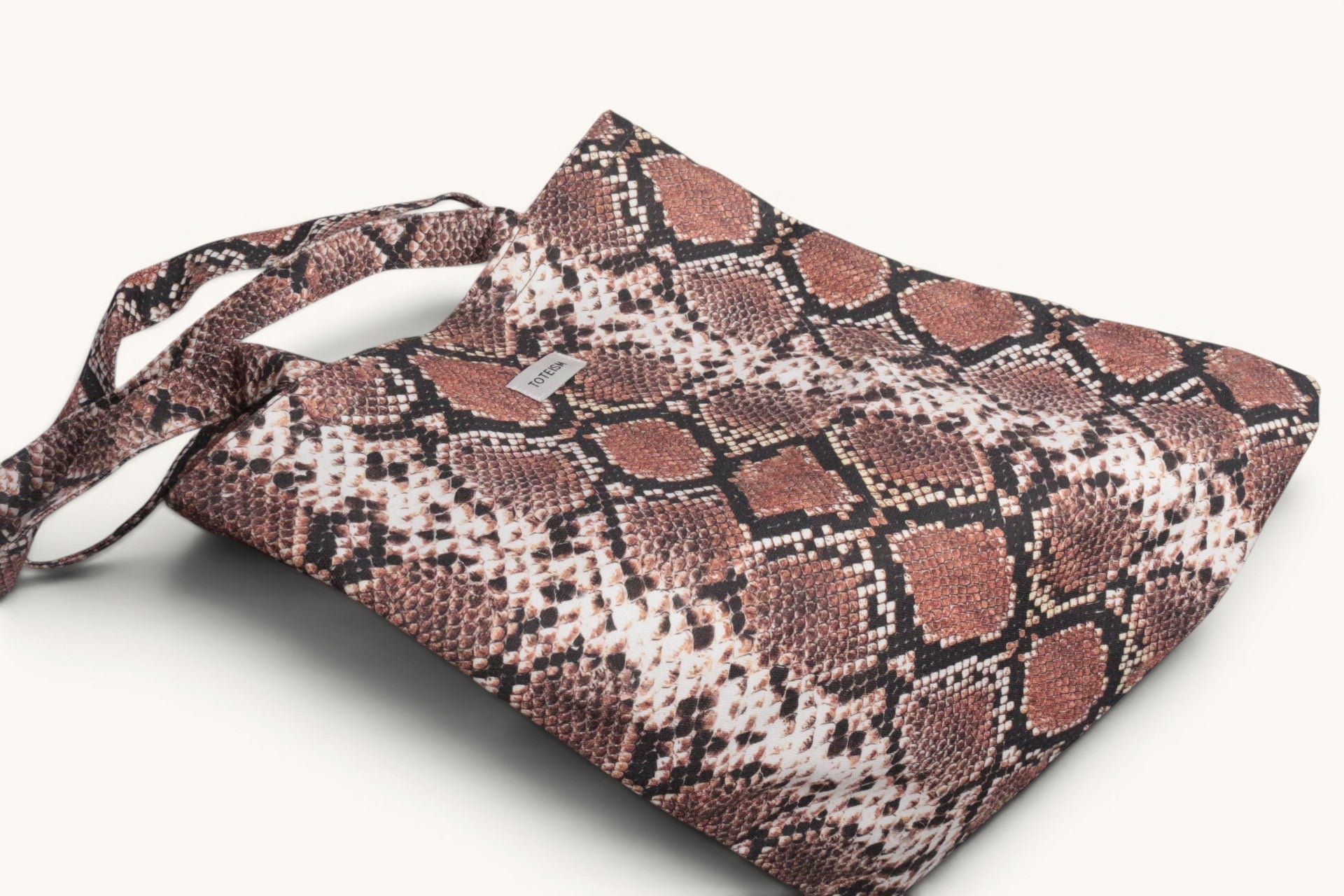 Frippindealz Sac fourre-tout Toteism en coton beige avec imprimé serpent, neuf avec étiquette.