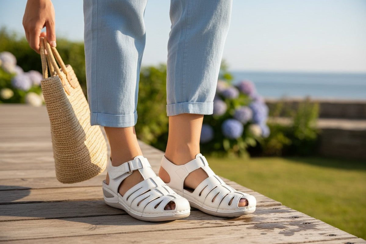Sandales Frippindealz NM blanches en simili cuir avec design tressé et bride auto-agrippante portées en extérieur