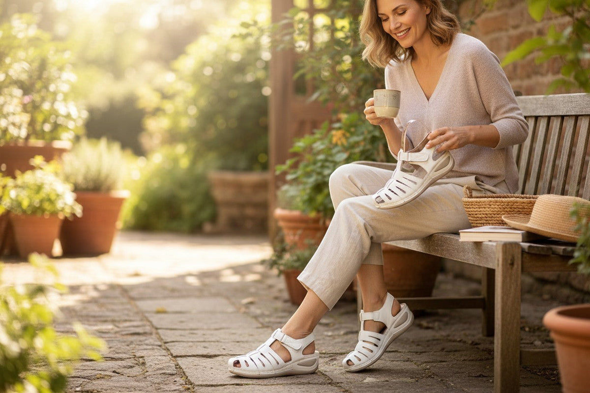 Femme souriante portant des sandales blanches tressées Frippindealz en simili cuir sur un banc de jardin ensoleillé