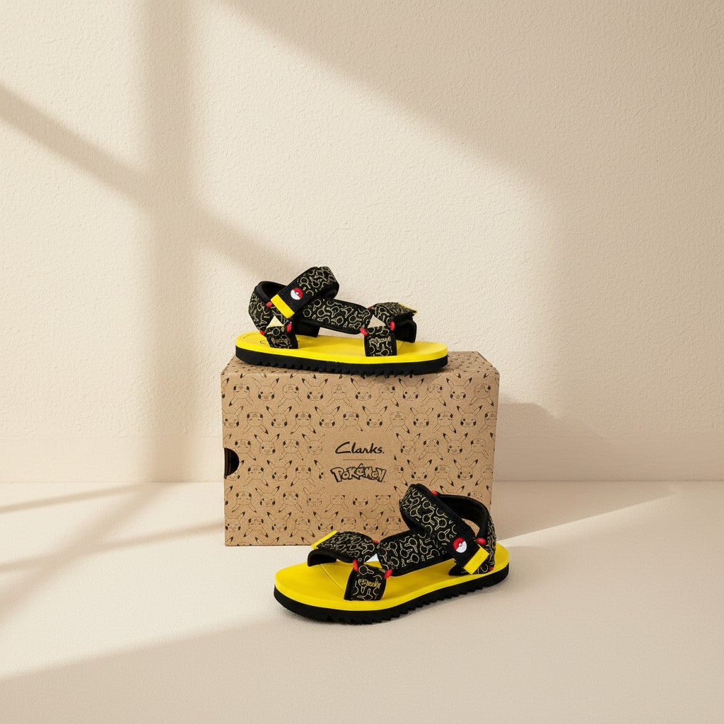 Sandales Frippindealz Clarks x Pokémon Peak Go O pour enfant, design noir et jaune Pikachu avec brides à scratch