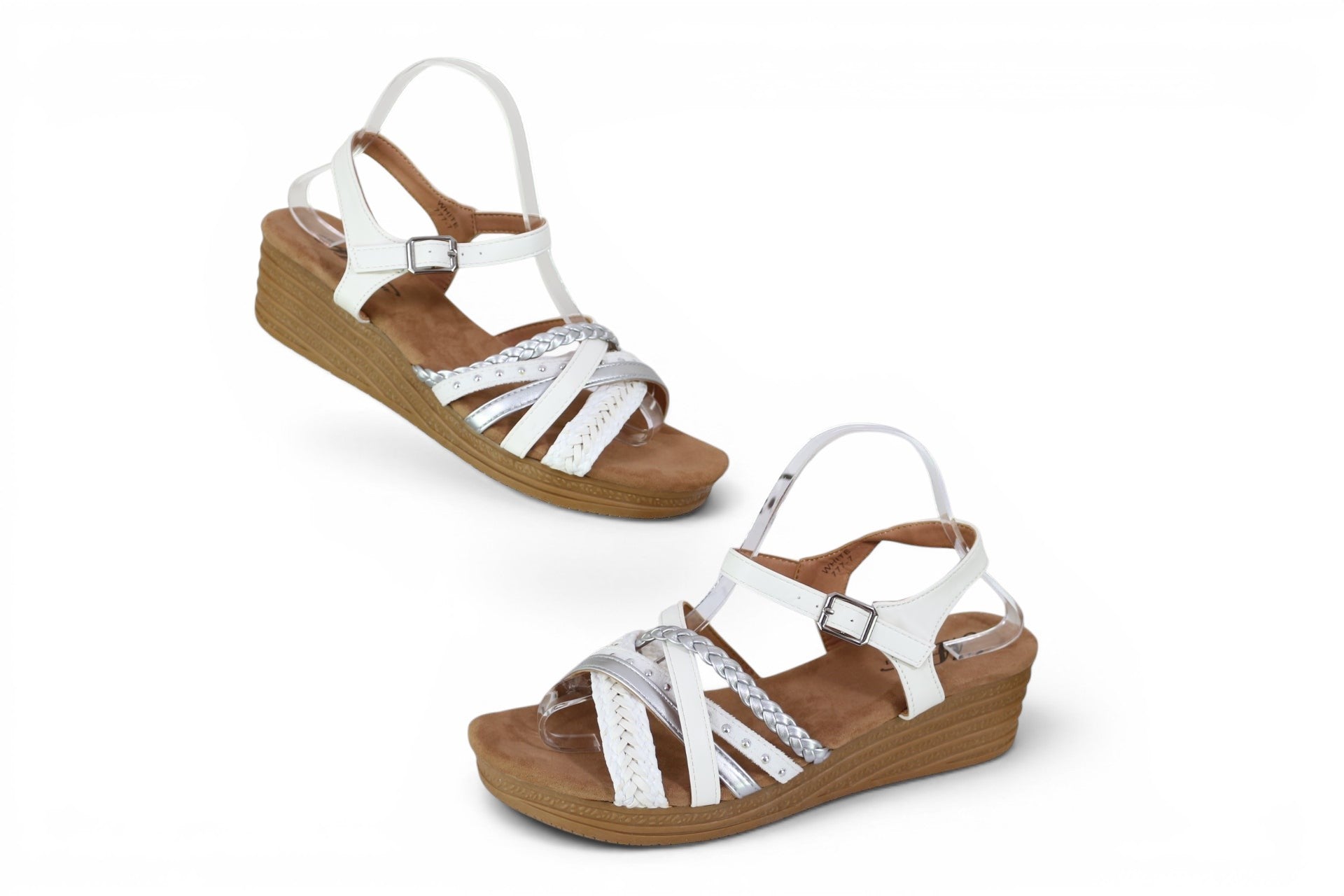 Sandales compensées Frippindealz blanches et argentées avec brides tressées et semelle confortable pour femme