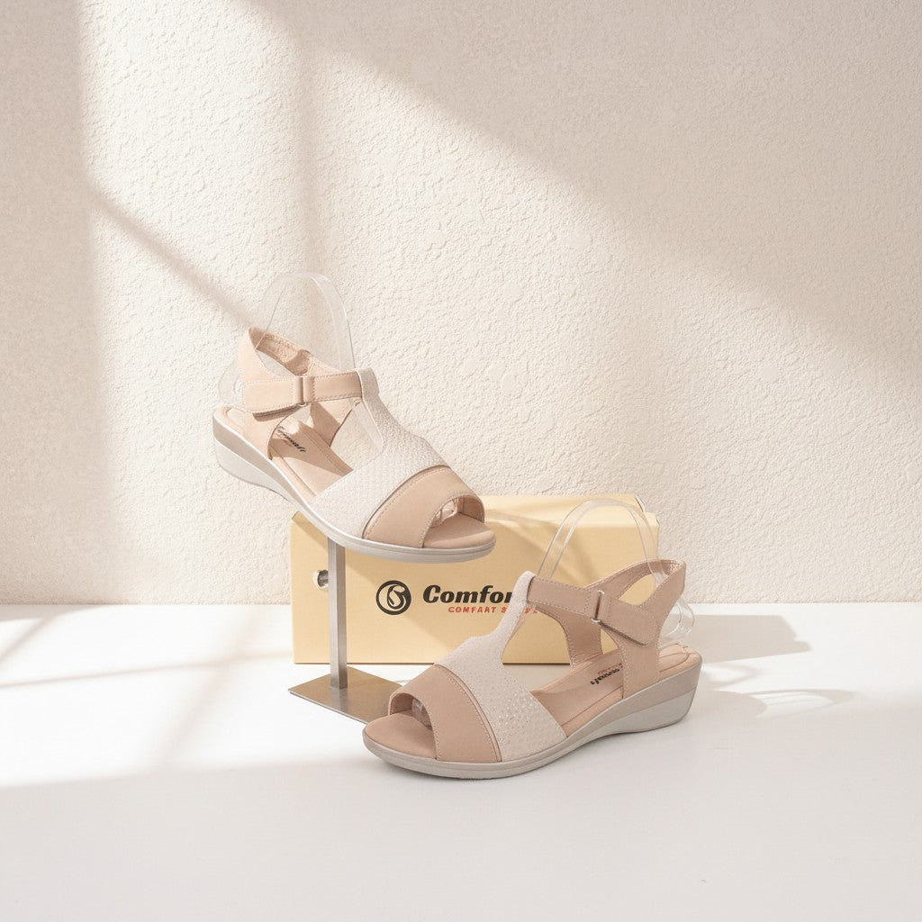 Sandales compensées Frippindealz Comfortsoft crème en simili cuir avec bride ajustable et motifs géométriques