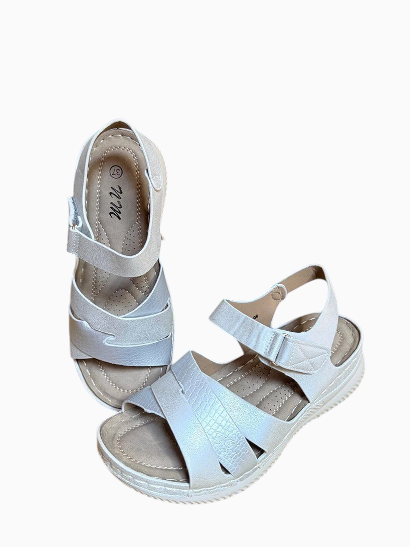 Sandales compensées Frippindealz NM crème à brides croisées texturées façon crocodile et semelle plateforme crantée