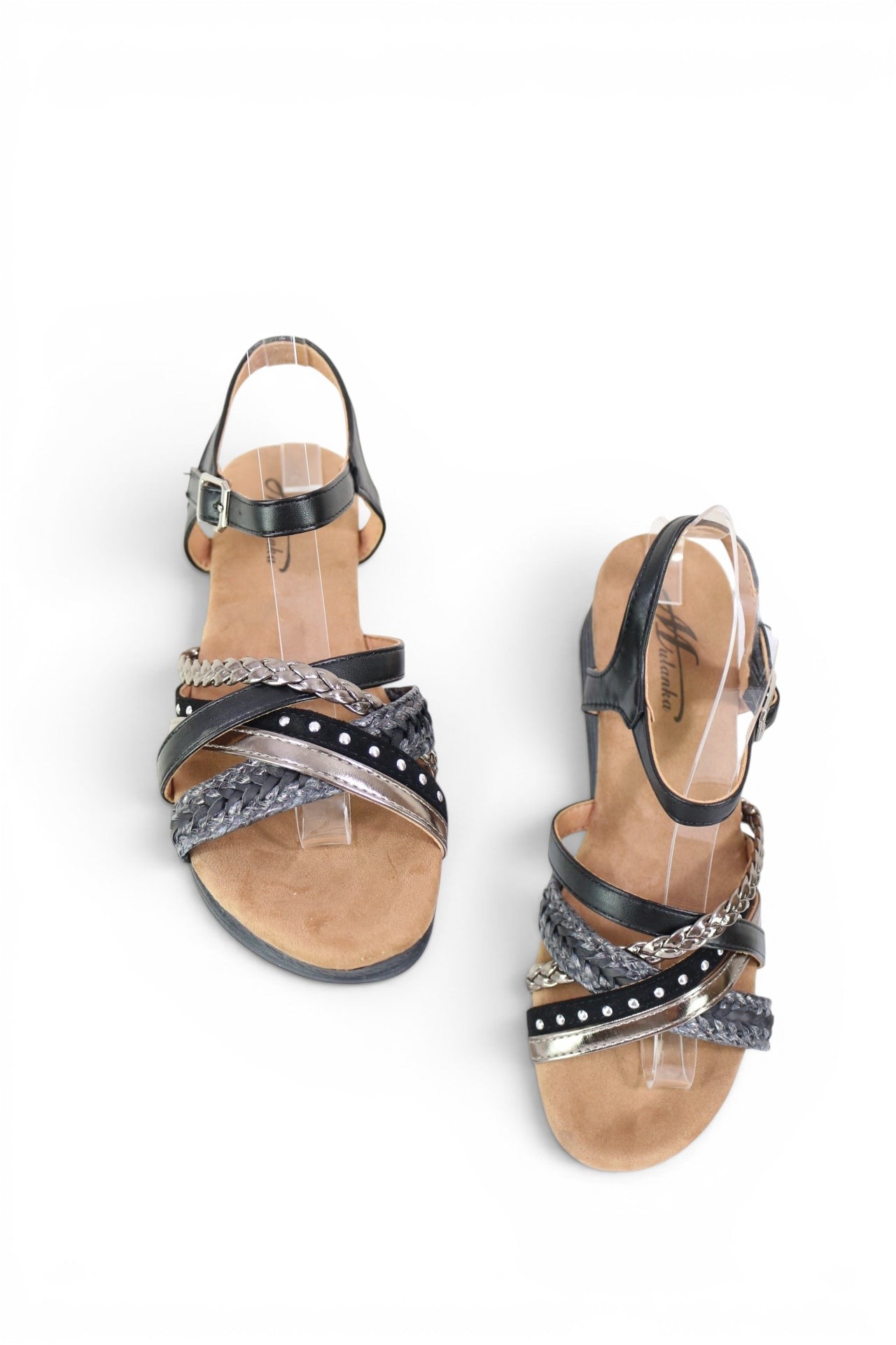 Sandales compensées Frippindealz Mulanka noires et argentées à brides tressées et semelle confortable