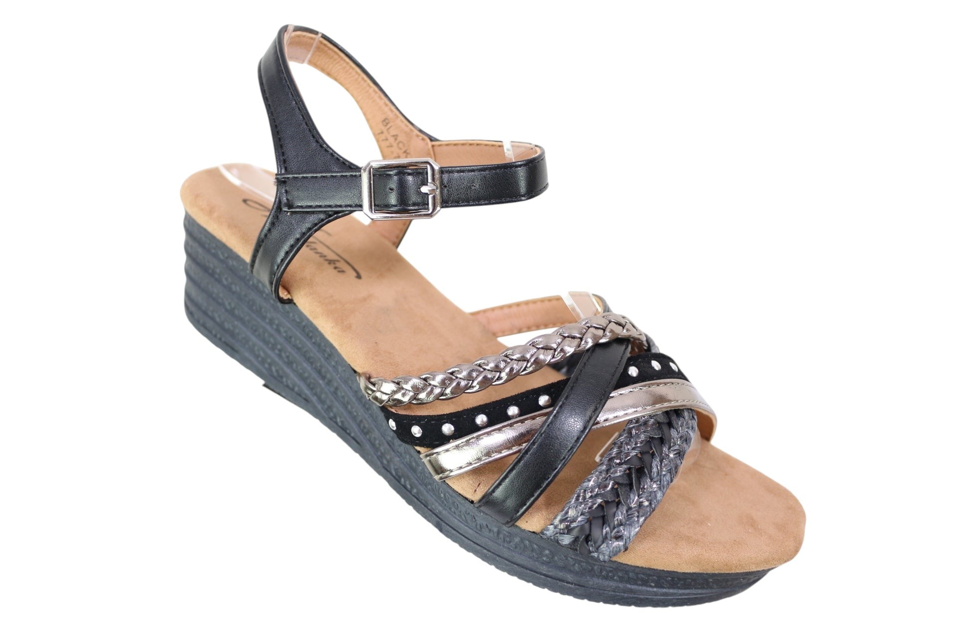 Sandales compensées Frippindealz noires et argentées avec brides tressées et bride de cheville réglable