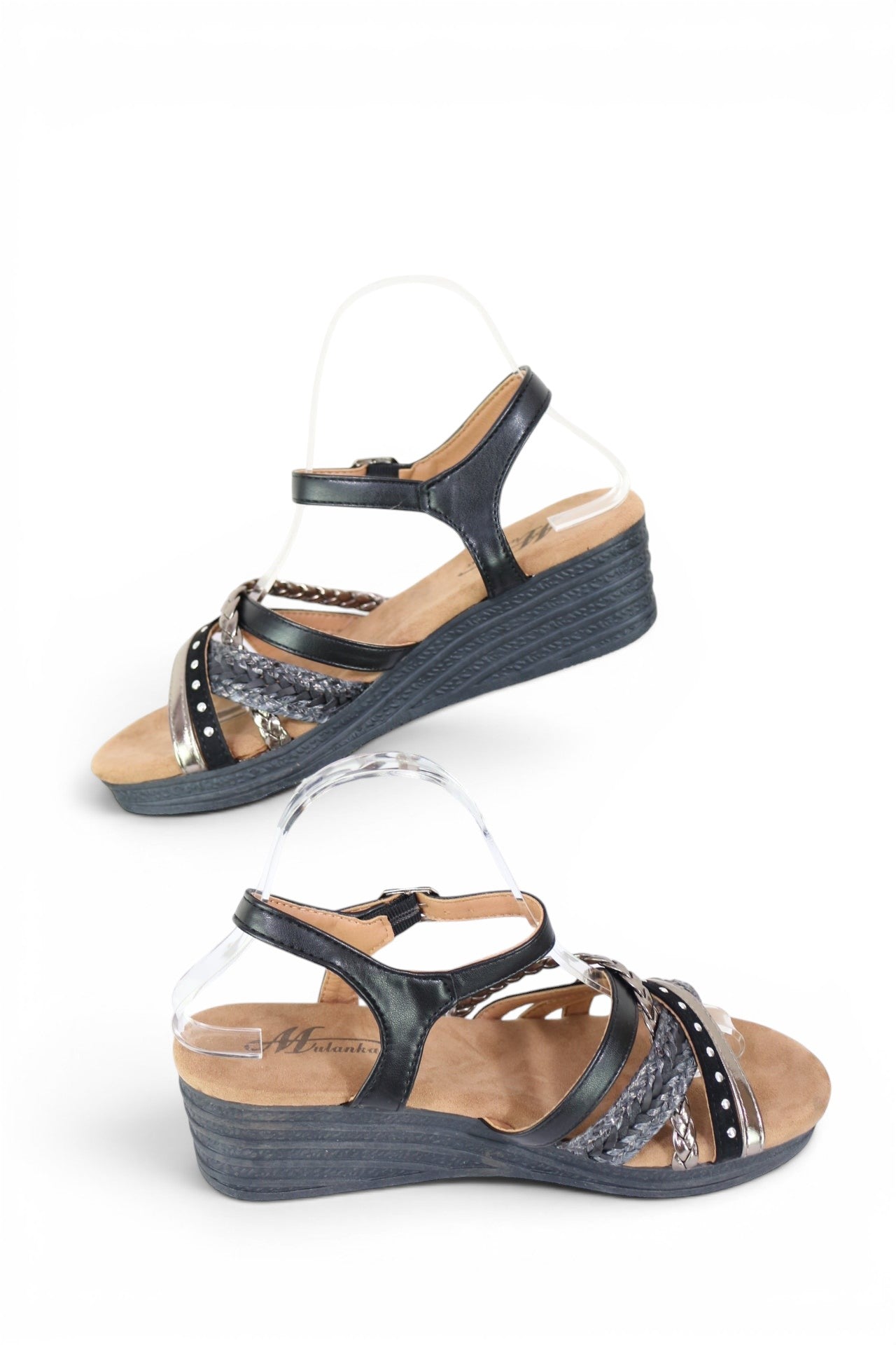 Sandales compensées Frippindealz Mulanka noires et argentées avec brides tressées et semelle confortable