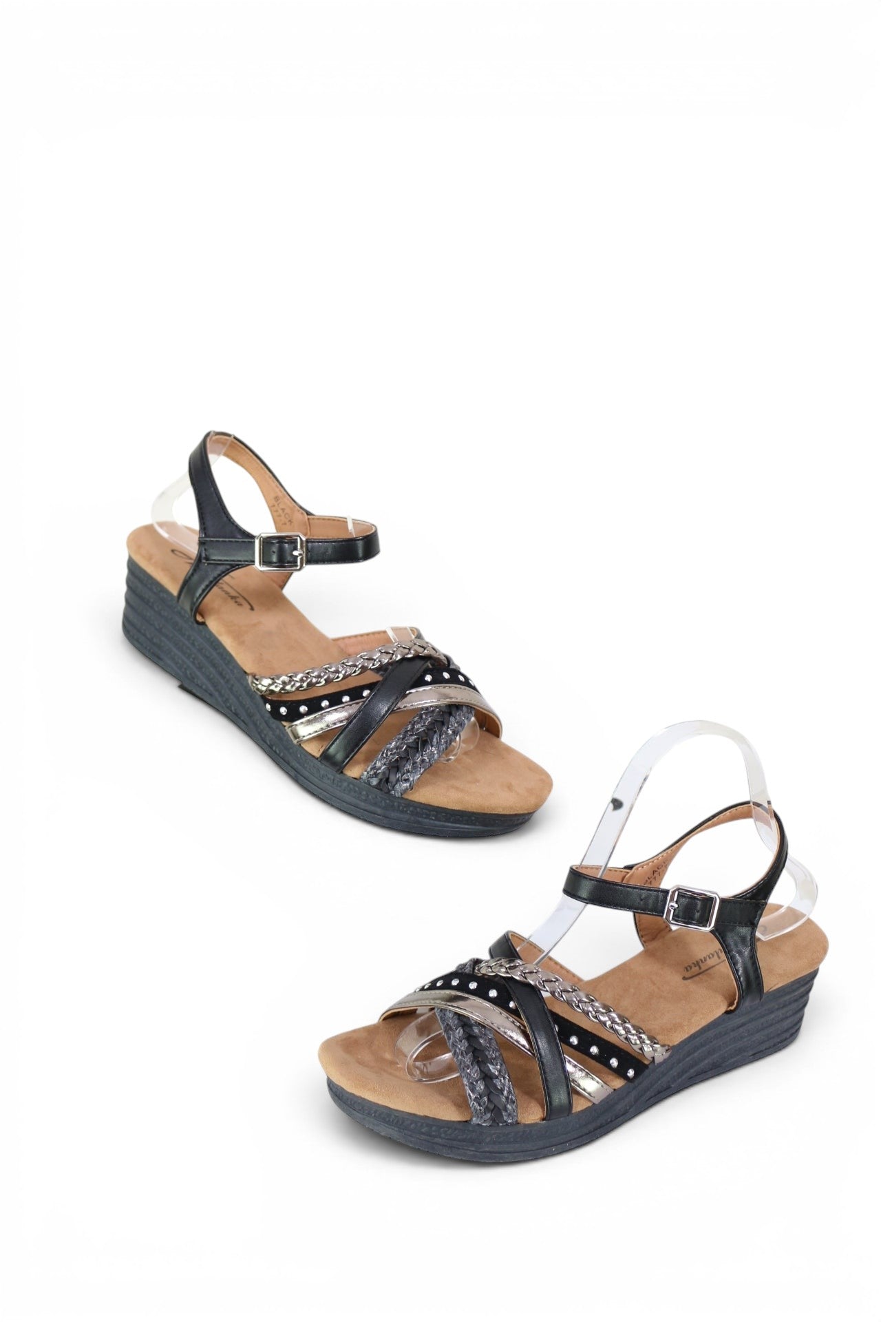 Sandales compensées Frippindealz noires à brides tressées et détails métallisés avec bride de cheville réglable