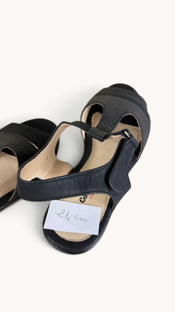 Sandales compensées Frippindealz Comfortsoft noires avec bride velcro et texture effet python sur le dessus