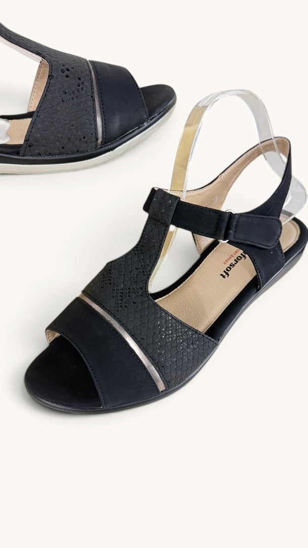Sandales compensées noires Frippindealz Comfortsoft avec texture effet python et bride velcro réglable