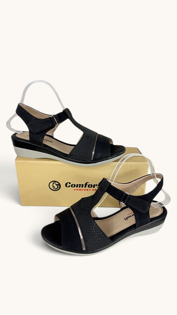 Sandales compensées noires Frippindealz Comfortsoft avec bride velcro, texture effet python et liseré argenté