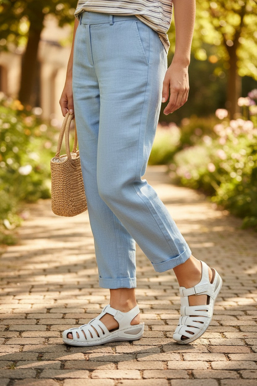 Sandales confort Frippindealz blanc cassé à bride auto-agrippante et semelle compensée portées avec un pantalon bleu