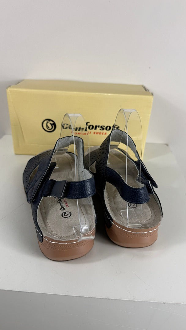 Sandales Frippindealz Comfortsoft bleu marine en simili cuir avec semelle ergonomique marron et fermeture scratch