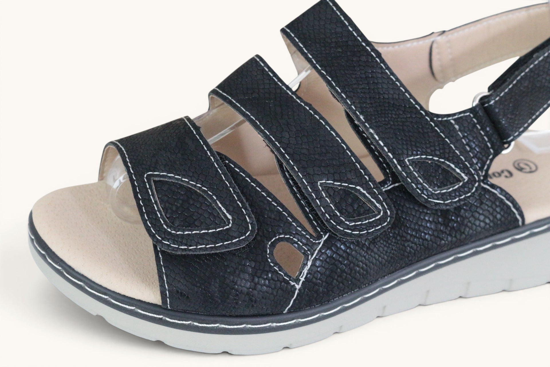 Sandales confort femme Frippindealz noires à brides scratch ajustables et semelle compensée légère avec surpiqûres