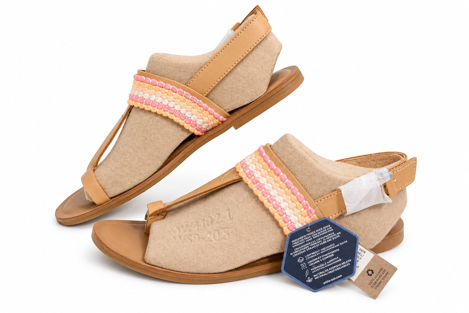 Sandales Frippindealz Tom's en cuir beige avec bride tressée rose et blanche, style estival confortable et neuf.
