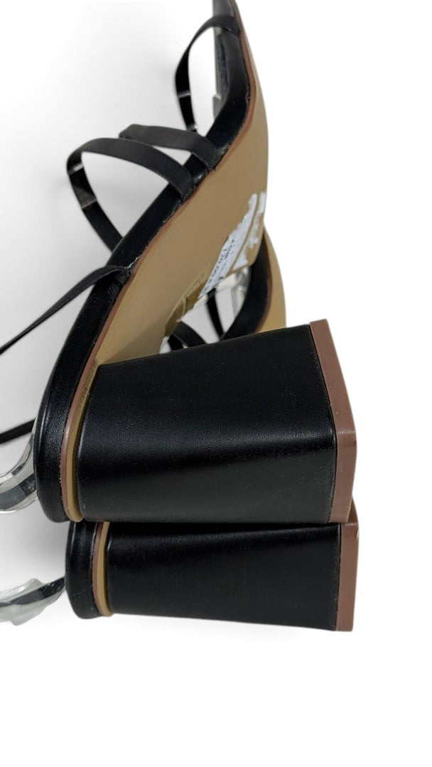 Sandales à talons Frippindealz Minelli Graviata en cuir noir avec talon bloc géométrique et bout carré
