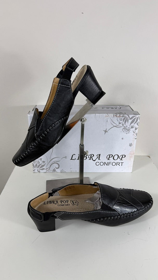 Sandales Frippindealz LIBRA POP noires en cuir avec talon confortable, bride élastique et coutures apparentes