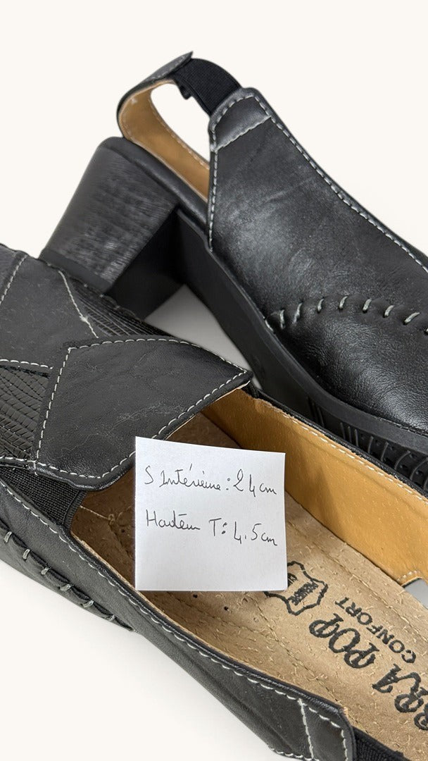 Sandales à talons Frippindealz LIBRA POP en cuir noir avec bride élastique et coutures contrastées visibles
