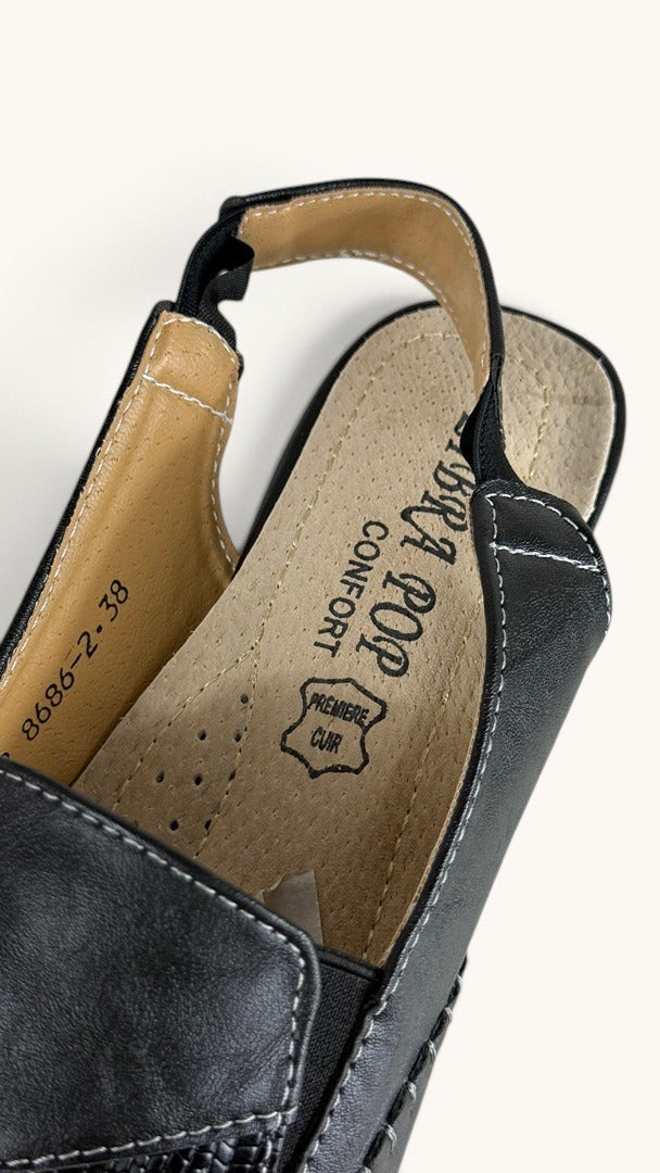 Sandales à talons Frippindealz Libra Pop en cuir noir avec bride élastique et coutures contrastées apparentes