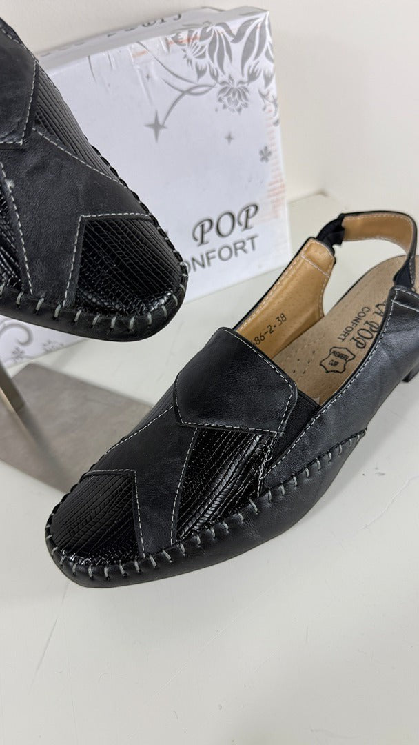 Sandales Frippindealz LIBRA POP noires en cuir avec coutures contrastées, bride élastique et semelle confortable