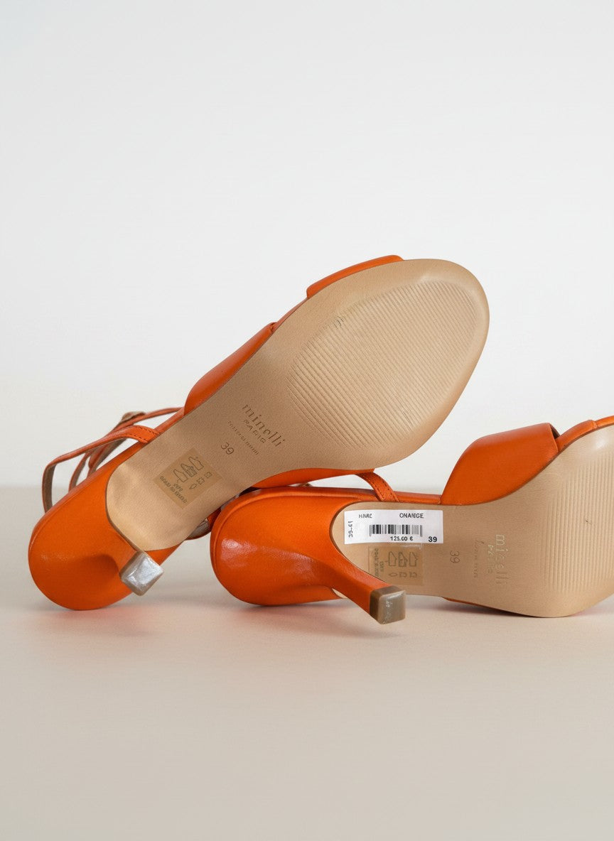 Frippindealz Sandales en cuir orange Minelli à talon de 6,5 cm, neuves avec étiquette, taille 39.