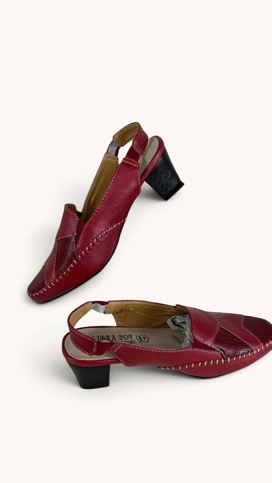 Sandales Frippindealz LIBRA POP en cuir rouge avec talon bloc noir, bride élastiquée et surpiqûres blanches contrastées