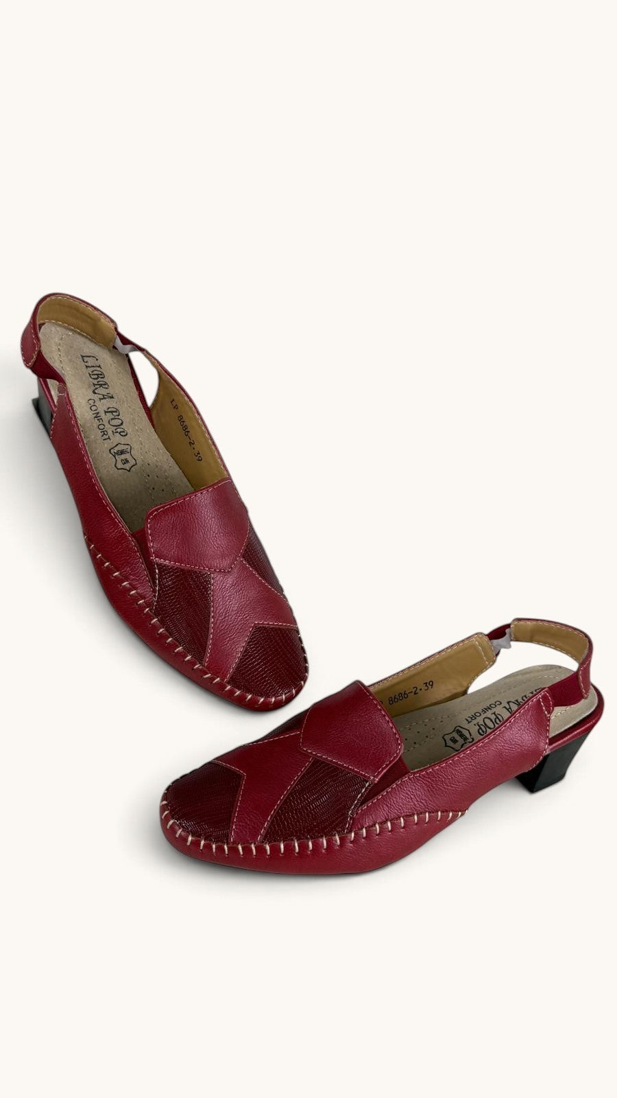 Sandales Frippindealz LIBRA POP en cuir rouge avec talon bloc, bride élastiquée et surpiqûres blanches contrastées.